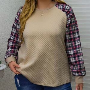 NWT Apricot Textured Top With Plaid Sleeves, Casual, Long Sleeve Blouse